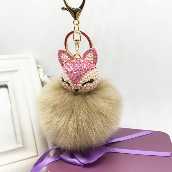 Cinderella's Closet Accessories - Adorable Crystal and Pearl Fox Pom Pom in Tan